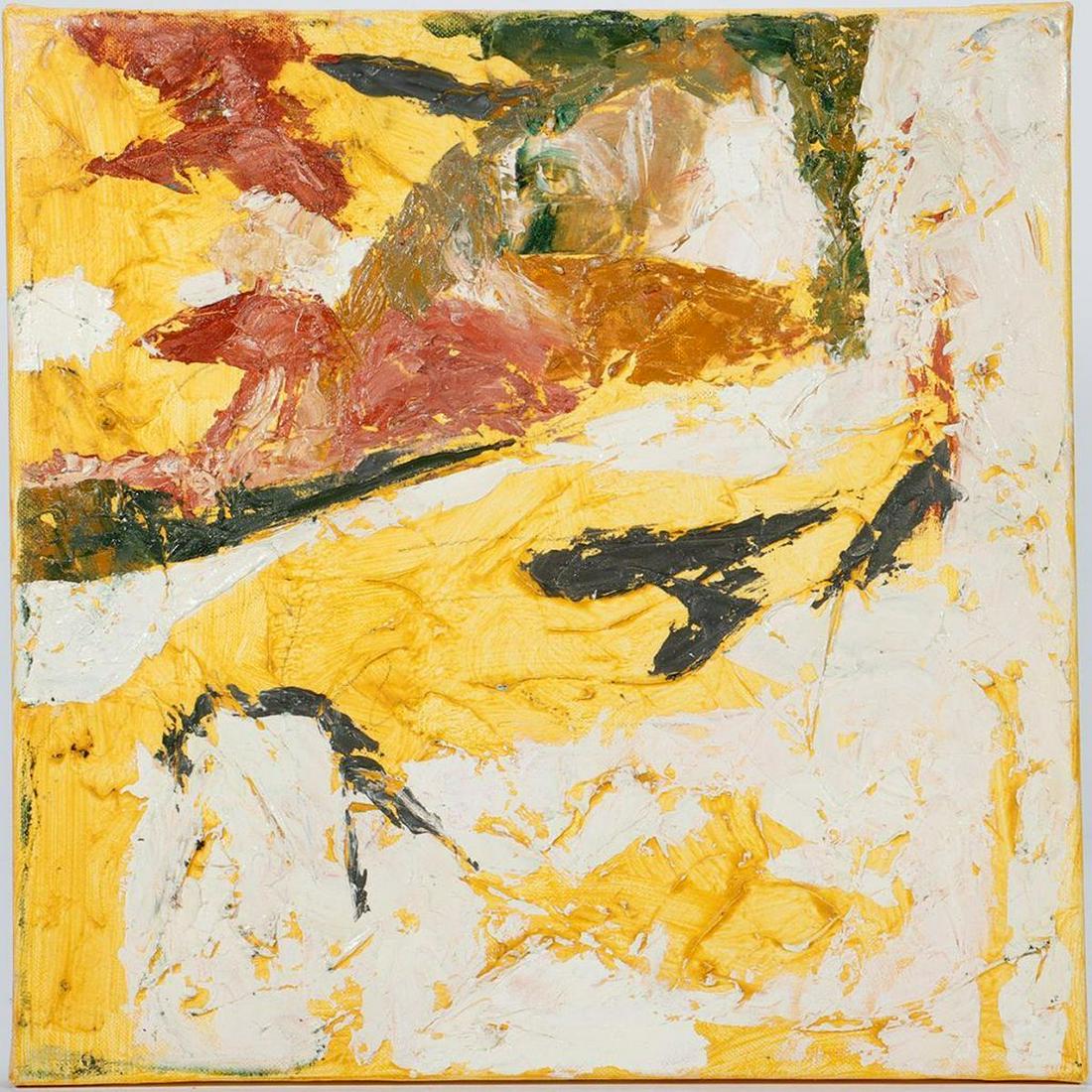 Eleen Auvil (1927 - 2022): Artist: Eleen Auvil (1927 - 2022). Title/Subject: Abstract with yellow. Size: 16in. x 16in. Year Created: Undated (c. 2022). Signature: Unsigned. Medium/Ground: Oil on canvas. Good condition.