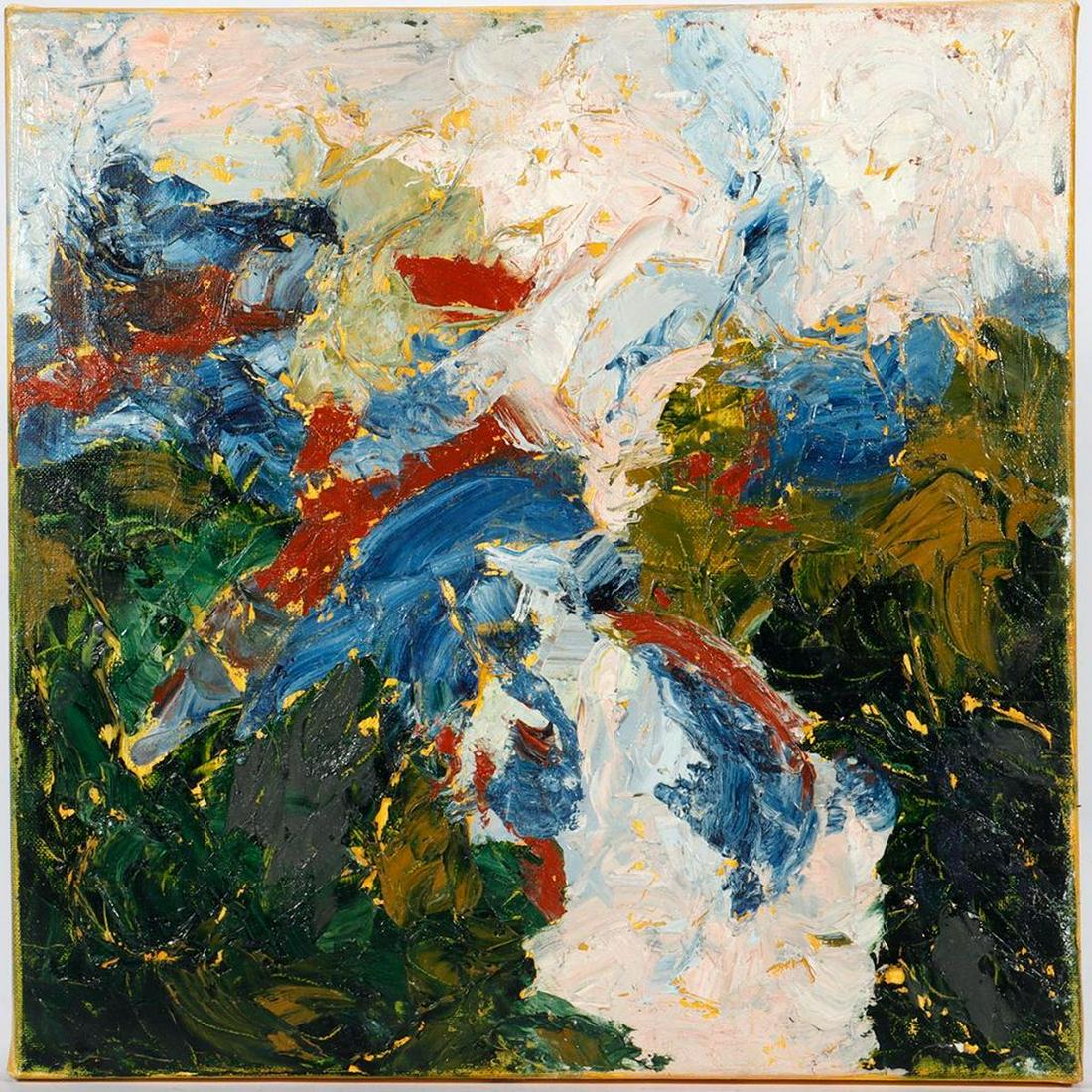 Eleen Auvil (1927 - 2022): Artist: Eleen Auvil (1927 - 2022) Title/Subject: Abstract with blues and greens. Size: 16in. x 16in. Year Created: Undated (c. 2022). Signature: Unsigned. Medium/Ground: Good condition.