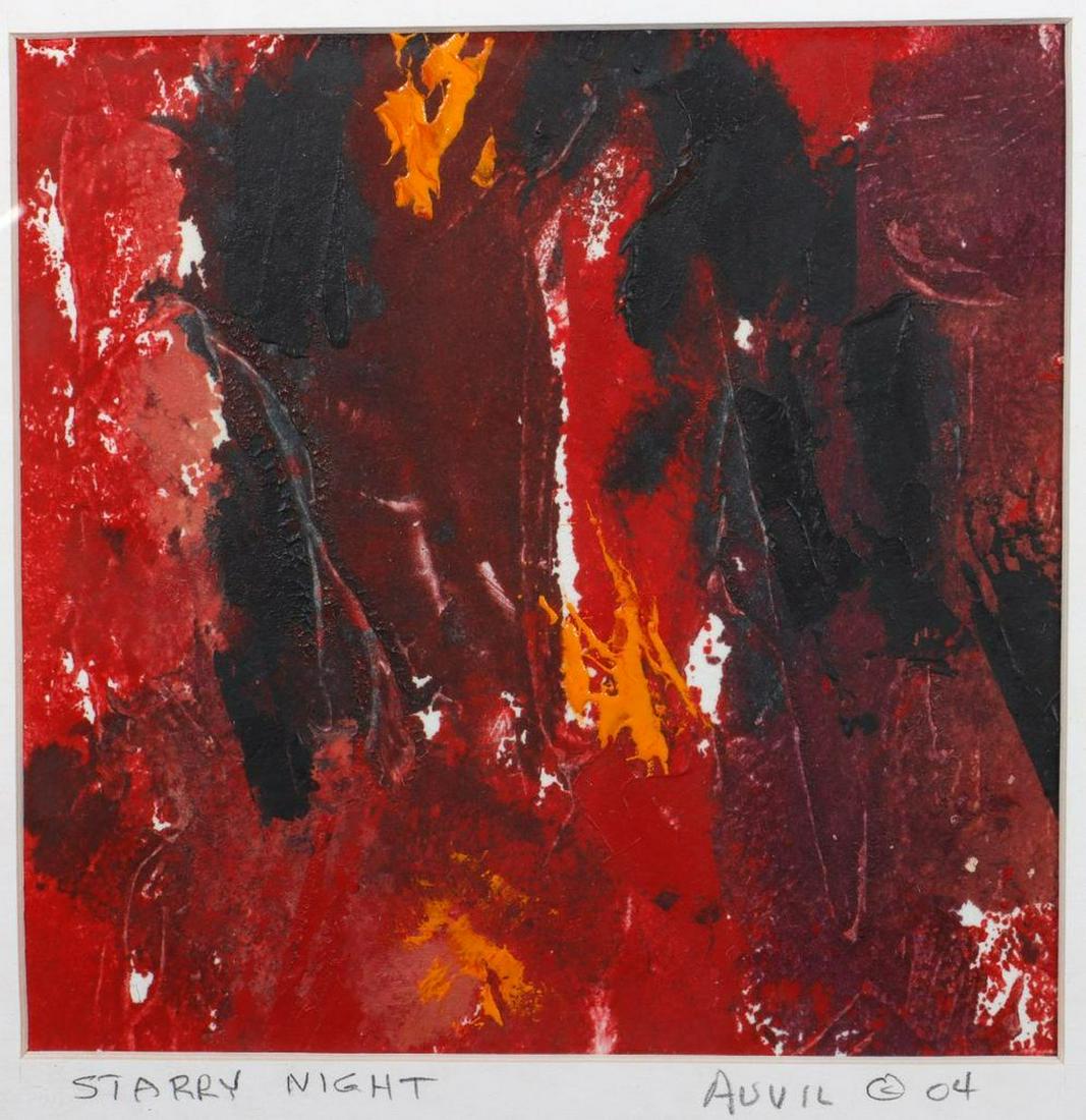 Eleen Auvil (1927 - 2022): Artist: Eleen Auvil (1927 - 2022). Title/Subject: "Starry Night." Size:4 5/8in. x 4 5/8in. (sight); 10in. x 10in. (frame). Year Created: 2004. Signature: Titled, signed, dated in pencil on matte. Medi