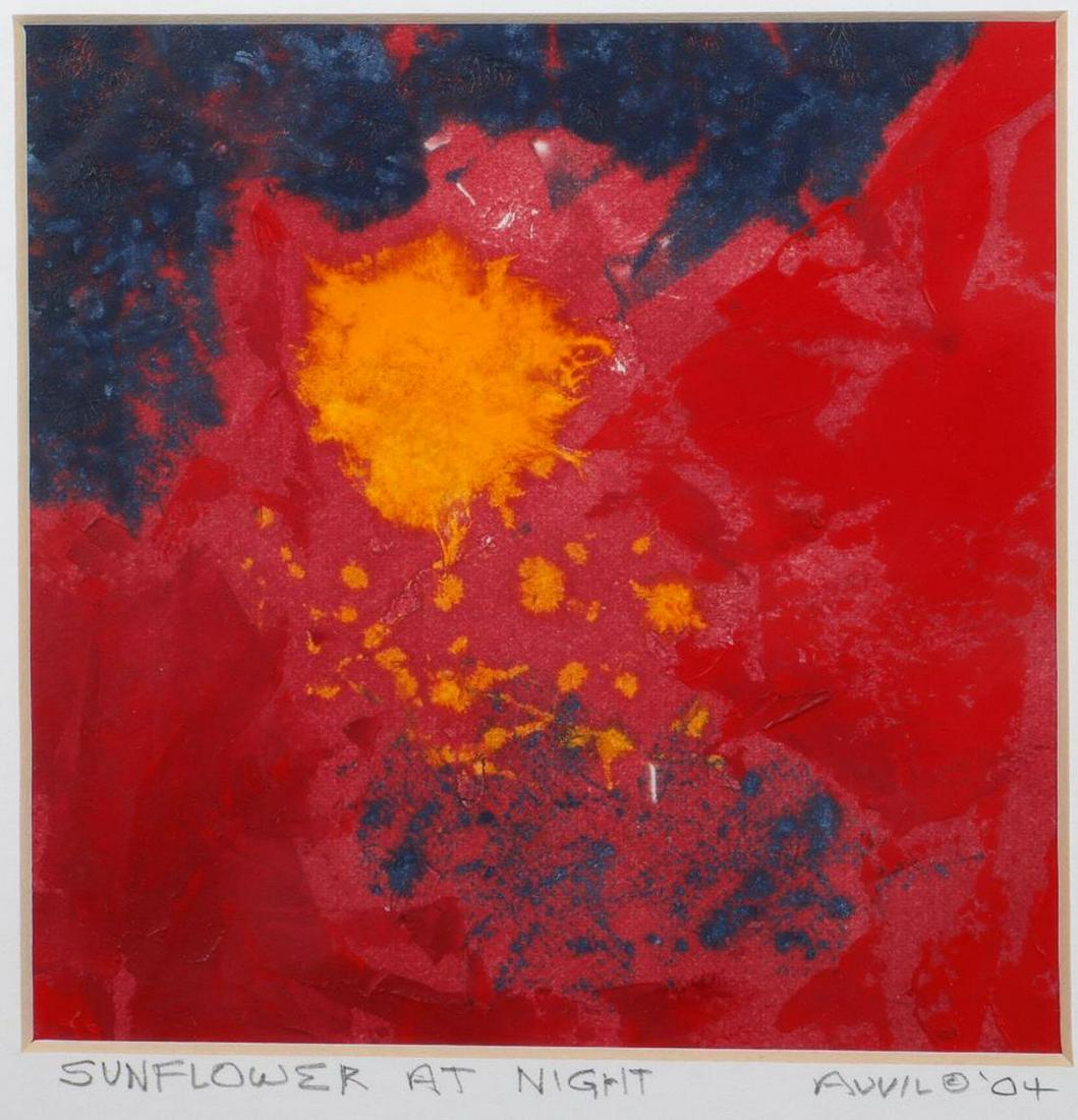 Eleen Auvil (1927 - 2022): Artist: Eleen Auvil (1927 - 2022). Title/Subject: "Sunflower at Night." Size:4 5/8in. x 4 5/8in. (sight); 10in. x 10in. (frame). Year Created: 2004. Signature: Titled, signed, dated in pencil on matte