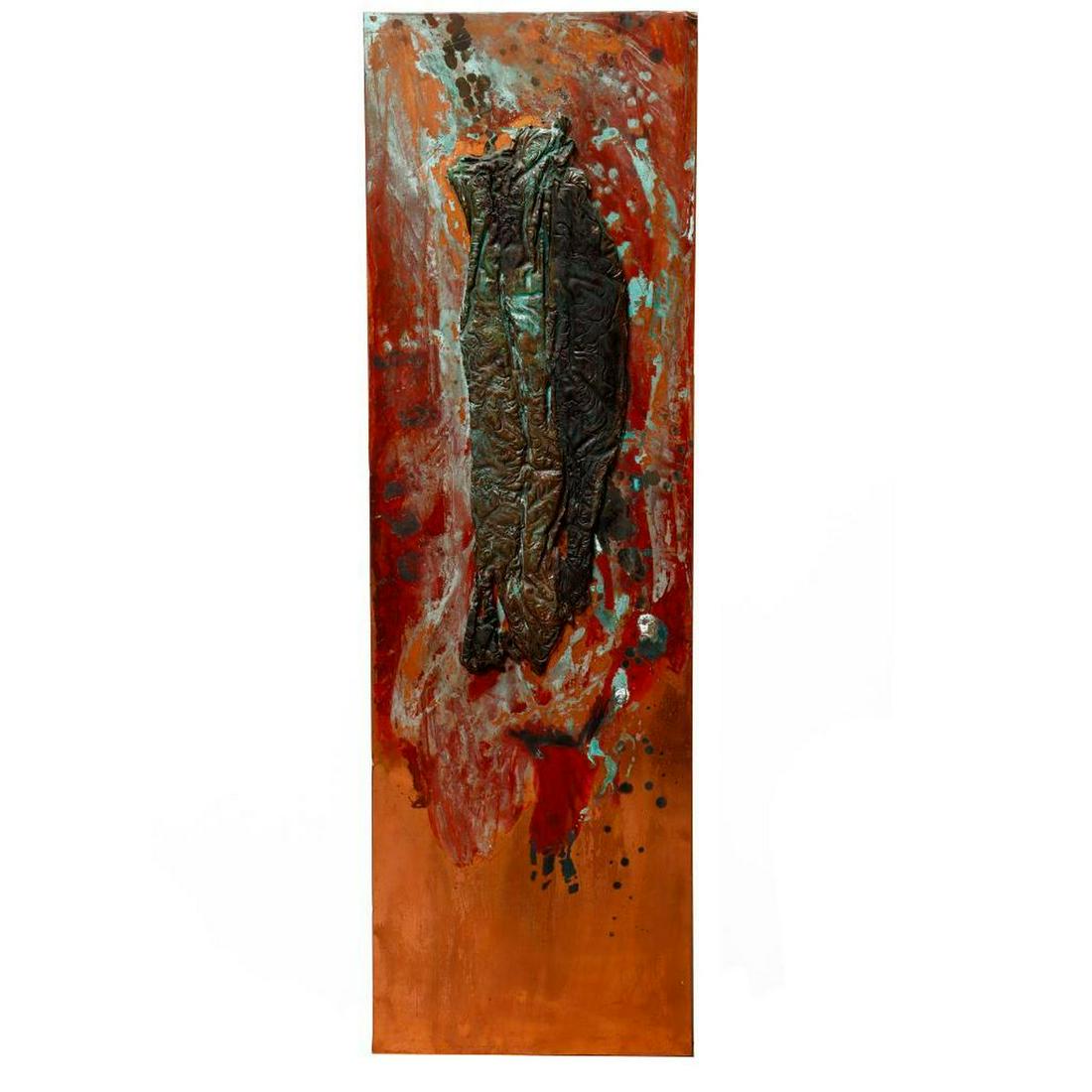 Eleen Auvil (1927 - 2022): Artist: Eleen Auvil (1927 - 2022). Title/Subject: "#102" (Abstract with applied forms). Size: 46 1/2in. x 14 1/2in. Year Created: 2002. Signature: Signed, dated, numbered verso. Medium/Ground: Patinas