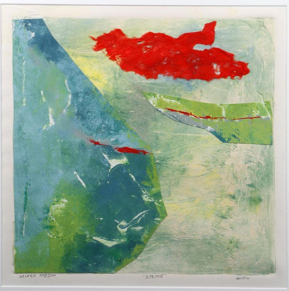 Eleen Auvil (1927 - 2022): Artist: Eleen Auvil (1927 - 2022). Title/Subject: "Spring." Size: 12 7/8in. x 13in. (sight); 20 1/2in. x 20 1/2in. (frame). Year Created: Undated. Signature: Titled, signed in pencil at bottom. Medium