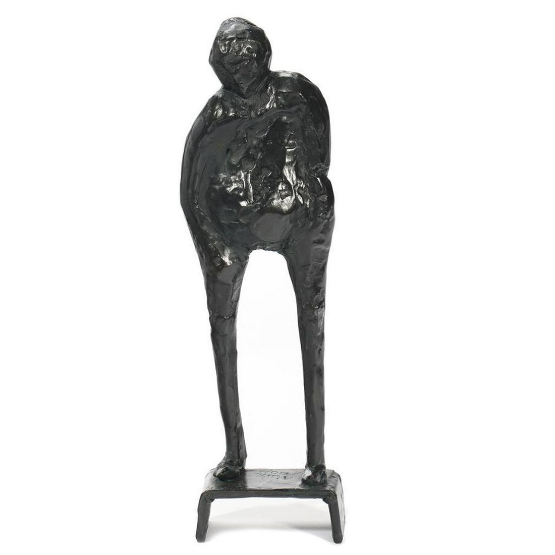 Eleen Auvil (1927 - 2022): Artist:Eleen Auvil (1927 - 2022). Title/Subject: Standing figure. Size: 10in. x 3in. Year Created: 2000. Signature: Signed, dated on base. Medium/Ground: Cast bronze. Condition good.