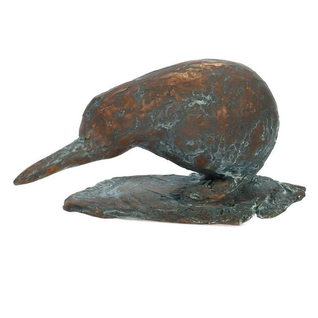 Eleen Auvil (1927 - 2022): Artist: Eleen Auvil (1927 - 2022). Title/Subject: Long-beaked bird. Size: 4 1/4in. x 8 3/4in. Year Created: Undated. Signature: On base. Medium/Ground: Cast bronze. Condition good, patina.