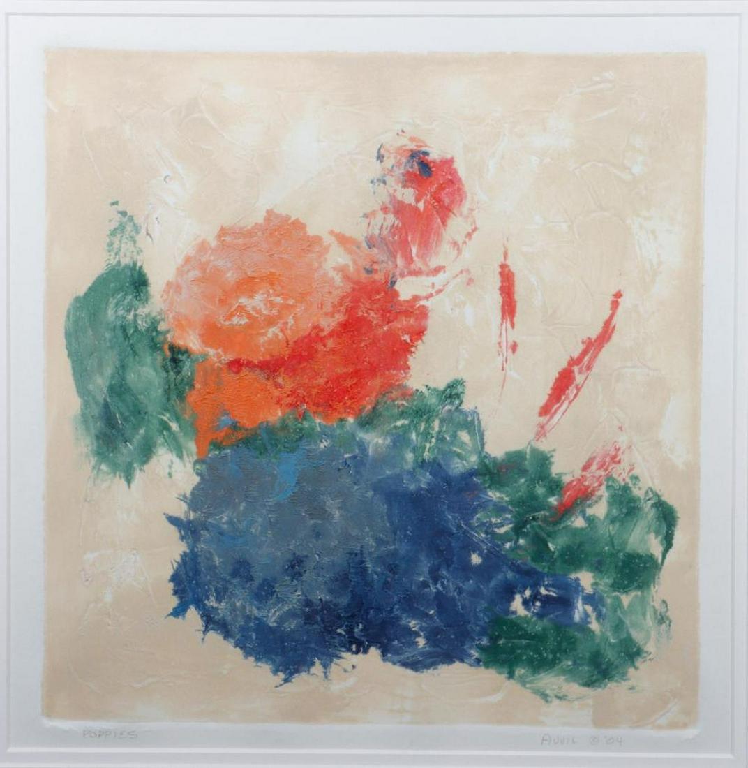Eleen Auvil (1927 - 2022): Artist: Eleen Auvil (1927 - 2022). Title/Subject: "Poppies." Size: 13in. x 13in. (sight); 20 5/8in. x 20 5/8in. (frame). Year Created: 2004. Signature: Titled, signed, dated in pencil on matte. Medium