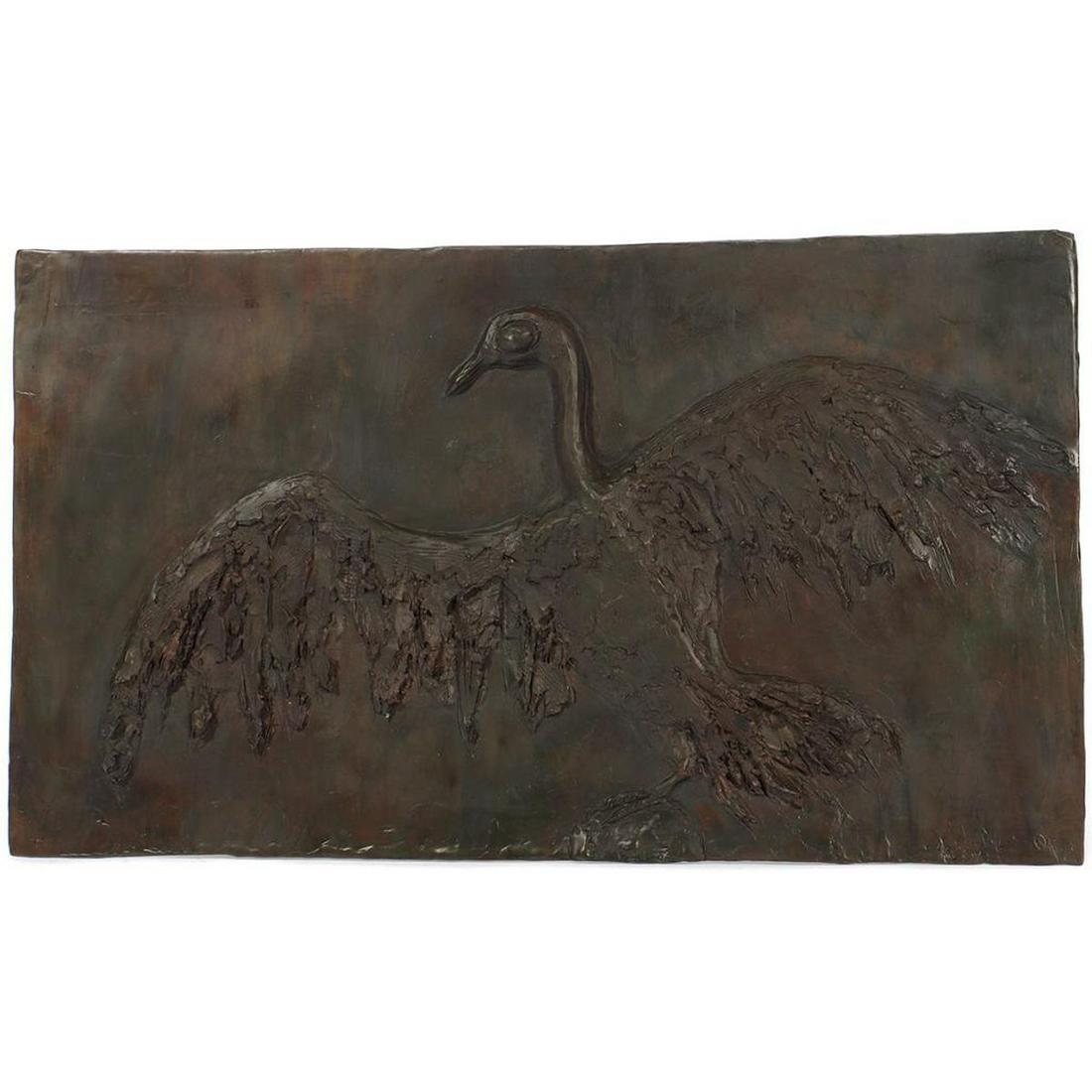 Eleen Auvil (1927 - 2022): Artist: Eleen Auvil (1927 - 2022). Title/Subject: "Winged Ecstasy." Size: 12in. x 21 1/2in. Year Created: 1990. Signature: Lower right; plastic label with title verso. Medium/Ground: Cast bronzepanel.