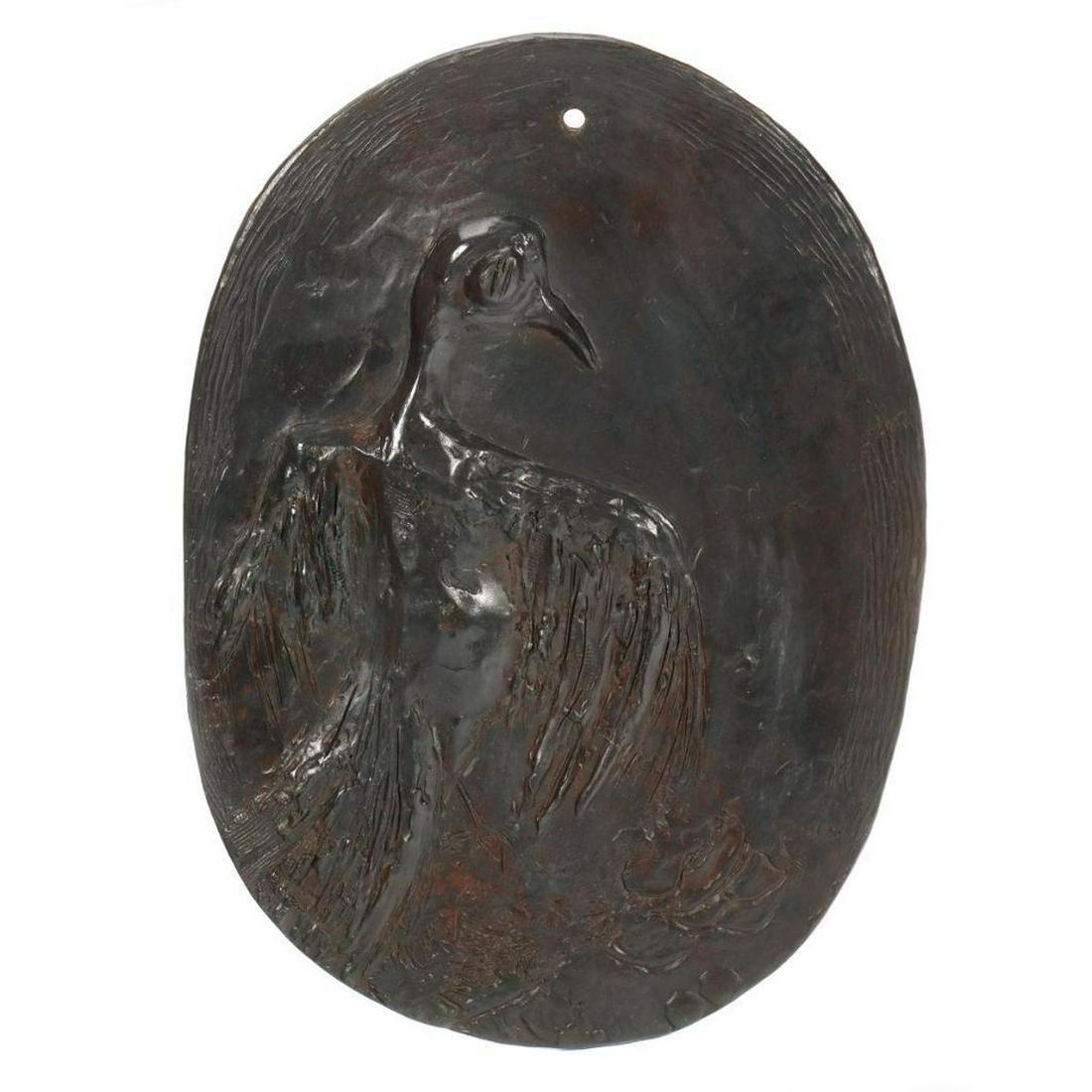 Eleen Auvil (1927 - 2022): Artist: Eleen Auvil (1927 - 2022). Title/Subject: Bird in oval. Size: 10 3/4in. x 7 3/4in. Year Created: 1990. Signature: Signed, dated verso. Medium/Ground: Cast bronze. Condition good.