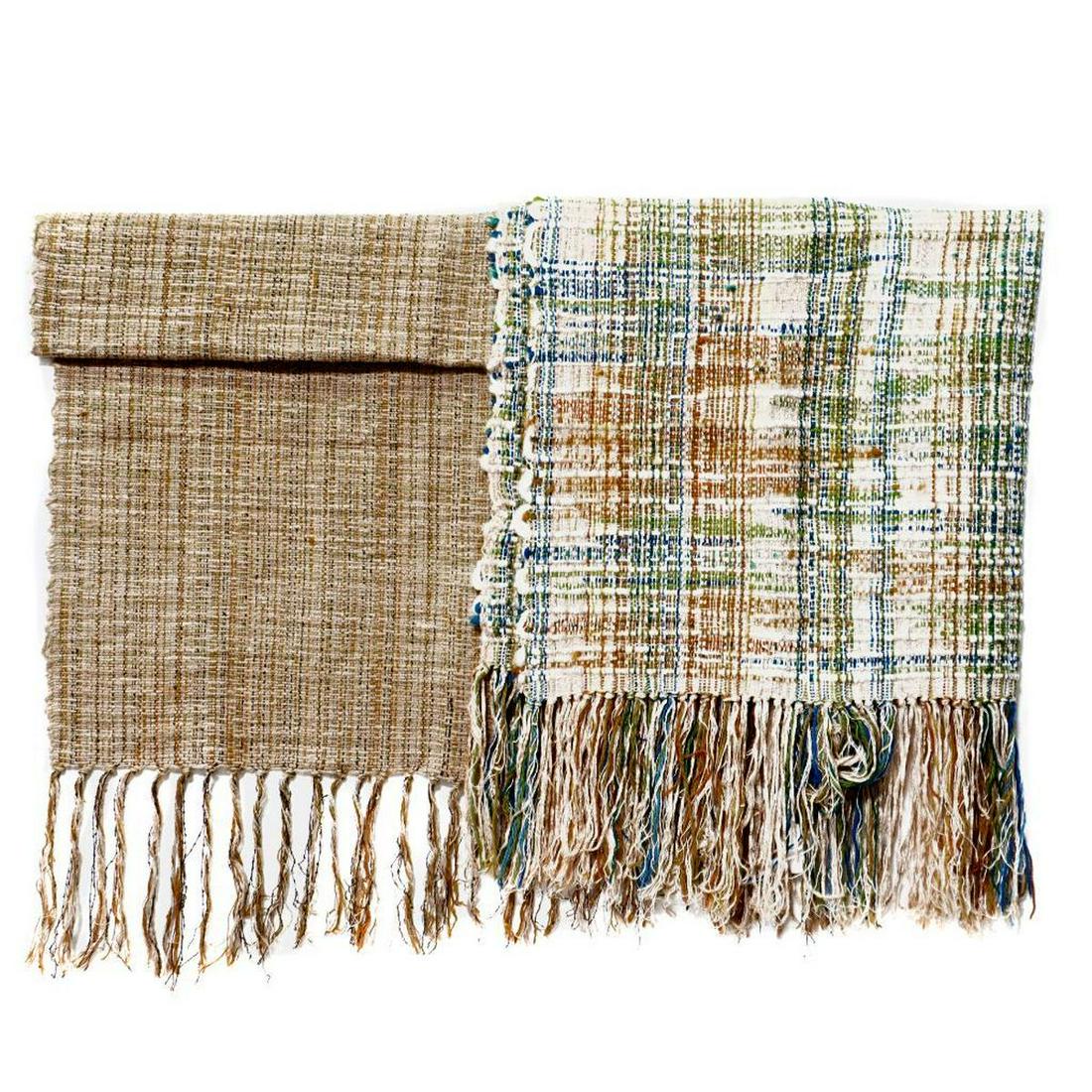 Eleen Auvil (1927 - 2022): Artist: Eleen Auvil (1927 - 2022). Two textiles, each designed and handwoven by the artist. One in gold/green tones; the other blue/greens; one with the artist's label attached. Size: 48in. long x 28i