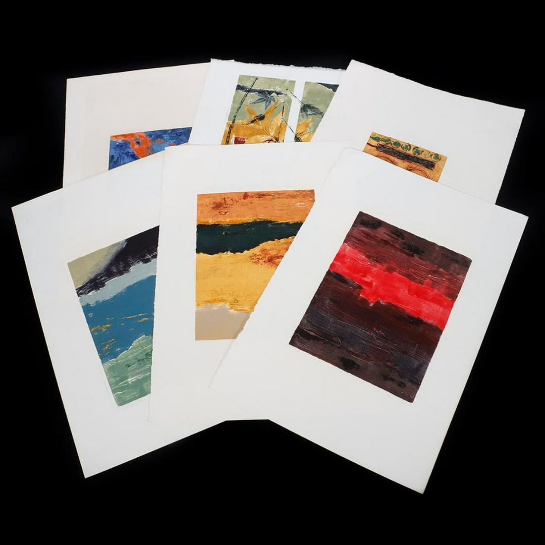 Eleen Auvil (1927 - 2022): Artist: Eleen Auvil (1927 - 2022). An assortment of 12 unframed, unsigned works, comprising abstracts and one print with leaf forms. Size range: All approx. 22 1/4in. x 15in. Medium/Ground: Monoprints