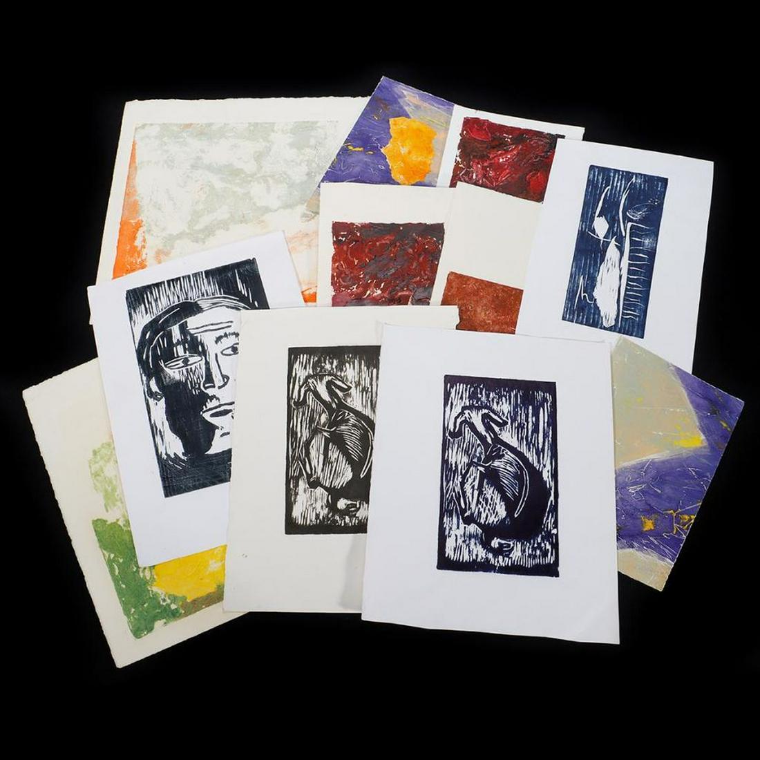 Eleen Auvil (1927-2022): Artist:Eleen Auvil (1927-1922). An assortment of 10 unframed, unsigned works, including abstracts, a face, and goat (2). Size range: 7 1/2in. x 7 1/2in. to 15in. x 15in. Medium/Ground: Monoprints and