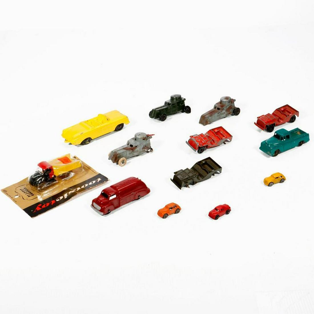 11+ Tootsietoy VEHICLES: Tootsietoy Vehicles Yellow Oldsmobile Convertible Red Gasoline Truck Green Pickup Truck Red Jeep - worn paint, bent axle Tootsietoy Classic 1922 Mack Truck on display card Olive Green Jeep missing thr
