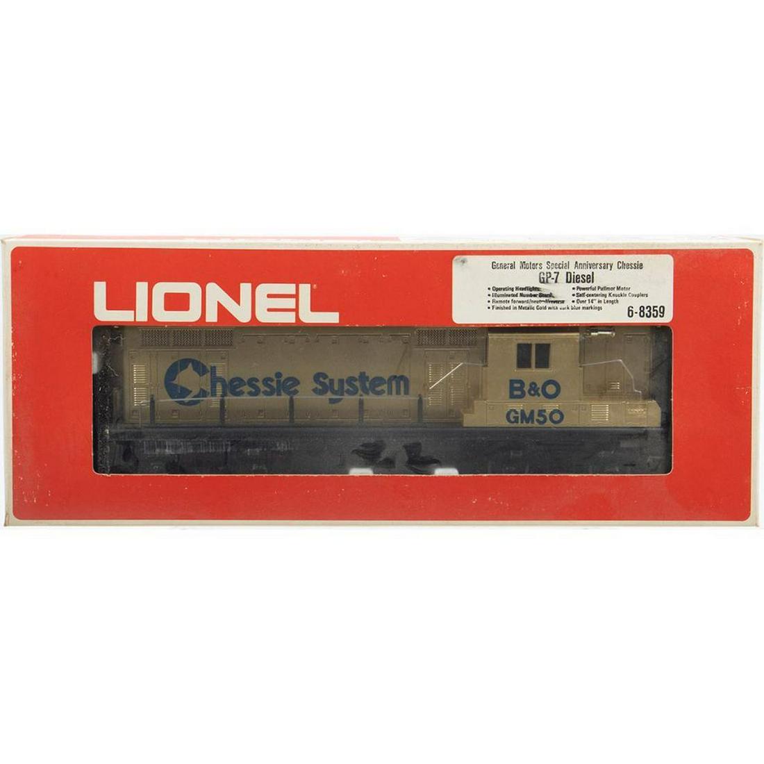 Lionel 6-8359 GM Special Anniversary Chessie GP-7 Diesel Loco in original box.: Lionel 6-8359 General Motors Special Anniversary Chessie GP-7 Diesel Locomotive in original box. Box has storage/shelf wear and tear.