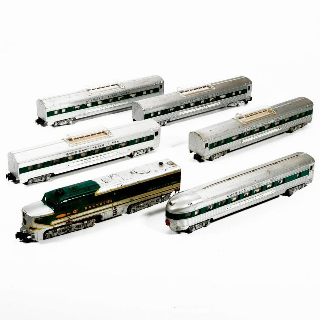 AF S Gauge 474 Rocket PA and Five Green Stripe Streamline Cars: American Flyer 474 Rocket dual motor PA and Five Green Stripe Streamline Passenger Cars 1. 474 Rocket Alco PA. Satin silver painted finish. Steps, horn, ventilator, portholes, headlight lens,skirts, t