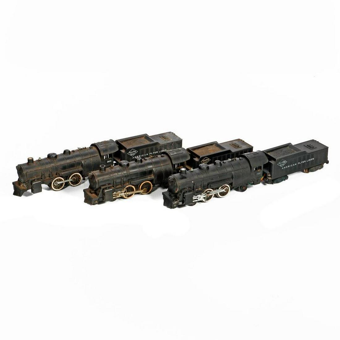 6 AF S Ga Plastic Atlantic Locos. 301,303,303,(2)116(0),21100,21100: 6 American Flyer S Gauge Plastic Boiler Atlantic Locomotives 1. 301 Reading Lines/American Flyer Lines - Smoke in Boiler. Missing one pilot step, drawbar shoulder screw missing. Tender has all steps, 
