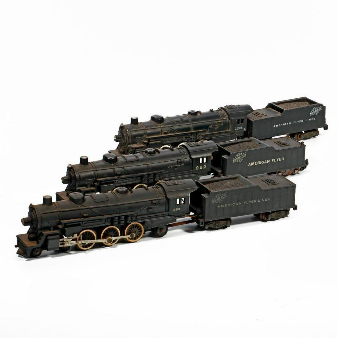 3 AF S Ga CNW Pacific Locomotives. 283, 282, 21085.: 3 American Flyer S Gauge Chicago Northwestern Pacific Locomotives 1. 283 CNW/American Flyer Lines. Pilot has both steps. Tender has all steps but chassis, trucks and coupler have rust. Dirty. 2. 282 C