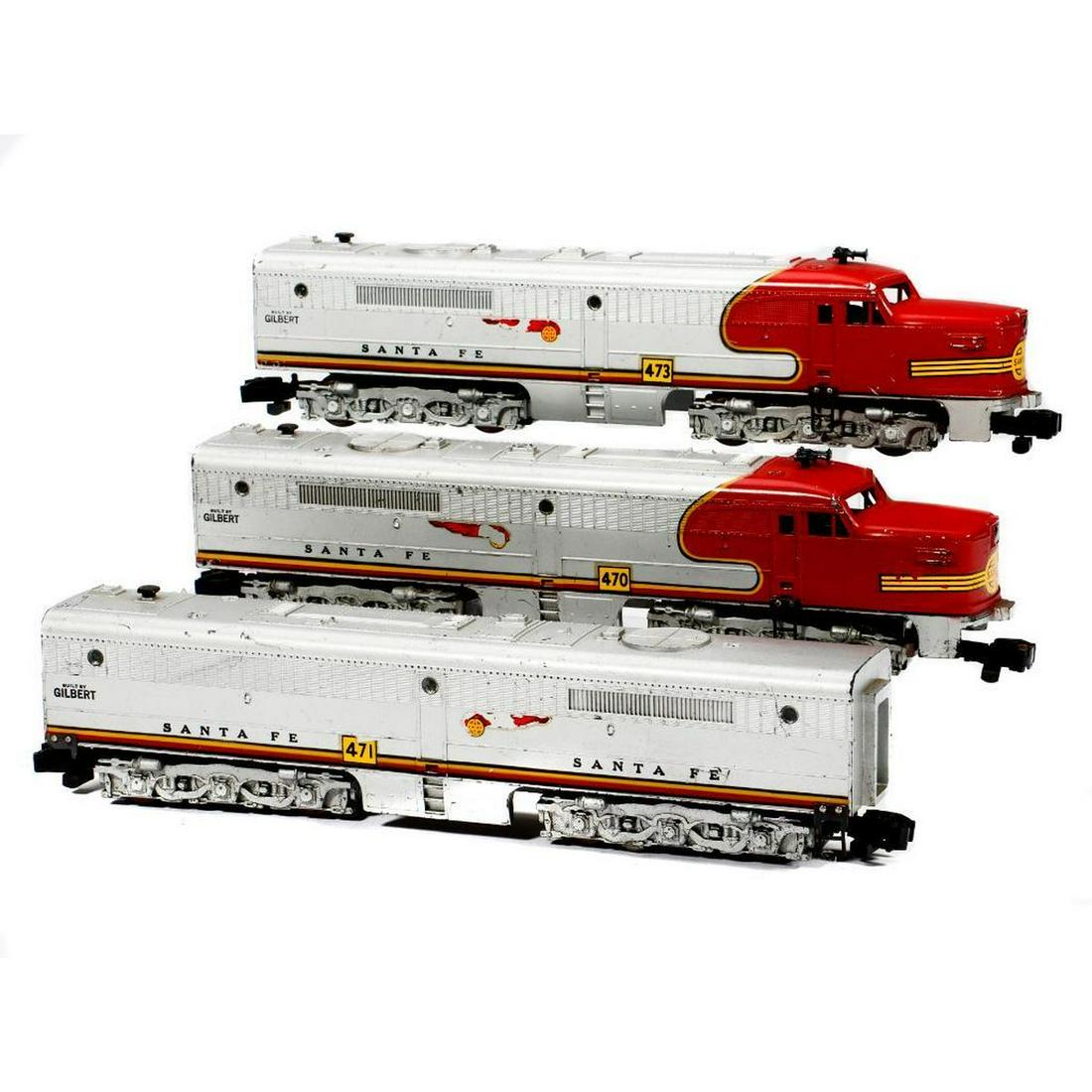 AF S Gauge Santa Fe 470-471-473 A-B-A Diesel Locomotive Set.: American Flyer S Gauge Santa Fe 470-471-473 PA-PB-PA Diesel Locomotive Set 1. 470 Dual Motor Alco PA - "Built by Gilbert": Horn, ventilator and portholesintact. Right rear and left front steps missing