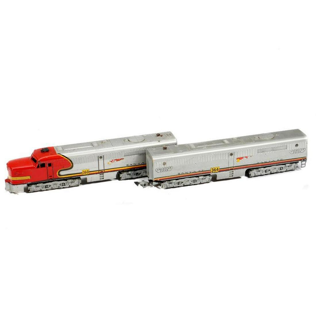 American Flyer S Gauge Santa Fe 360-364 Diesel Locomotive Set: American Flyer S Gauge Santa Fe 360-364 Diesel Locomotive Set 1. 360 Santa Fe Alco PA Dual Motor Diesel Locomotive. No steps. Horn is loose and is reproduction. Ventilator and portholes intact. Trucks