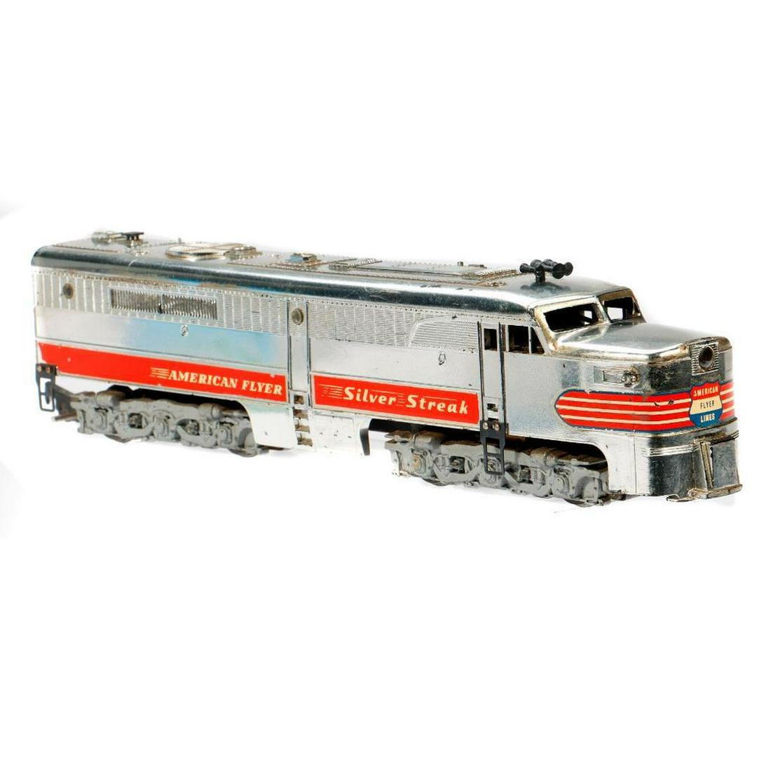 American Flyer S Gauge 405 Silver Streak Diesel Locomotive: American Flyer S Gauge 405 Silver Streak Diesel Locomotive Chrome finish. Ventilator, steps, portholes, steps, trucks and black weight coupler intact. Loose reproduction horn. Decals have wear.