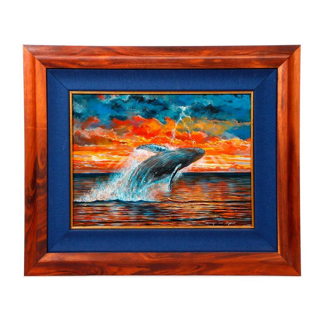 Robert Lyn Nelson (b. 1955).: Artist: Robert Lyn Nelson (b. 1955). Title/Description: Breeching Whale Under Stormy Sky. Signature: Signed lower right. Date Created: 21st Century. Size: 12in x 16in; 19 1/2in x 23 1/2in (frame). Mat