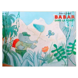 French Babar Poster, c. 1980s/1990s.: "Babar Dans Foret" by Laurent de Brunhoff, Editions du Desastre.Condition: Good; some fading.23 1/4in x 31in (sight); 31in x 36in (frame). NOTE: LARGE FOR SHIPPING. Condition Report: All lots are sold