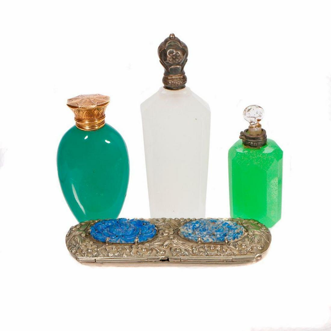 Three Glass Scent Bottles, and Repousse Spectacles Case. (1 of 3)