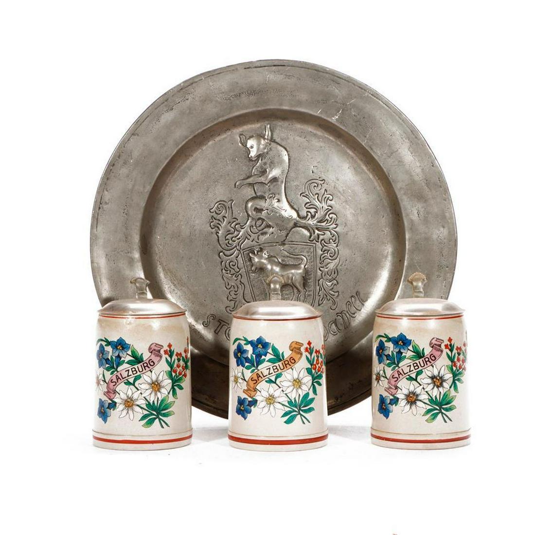 Three German Steins with Pewter Tray. (1 of 4)
