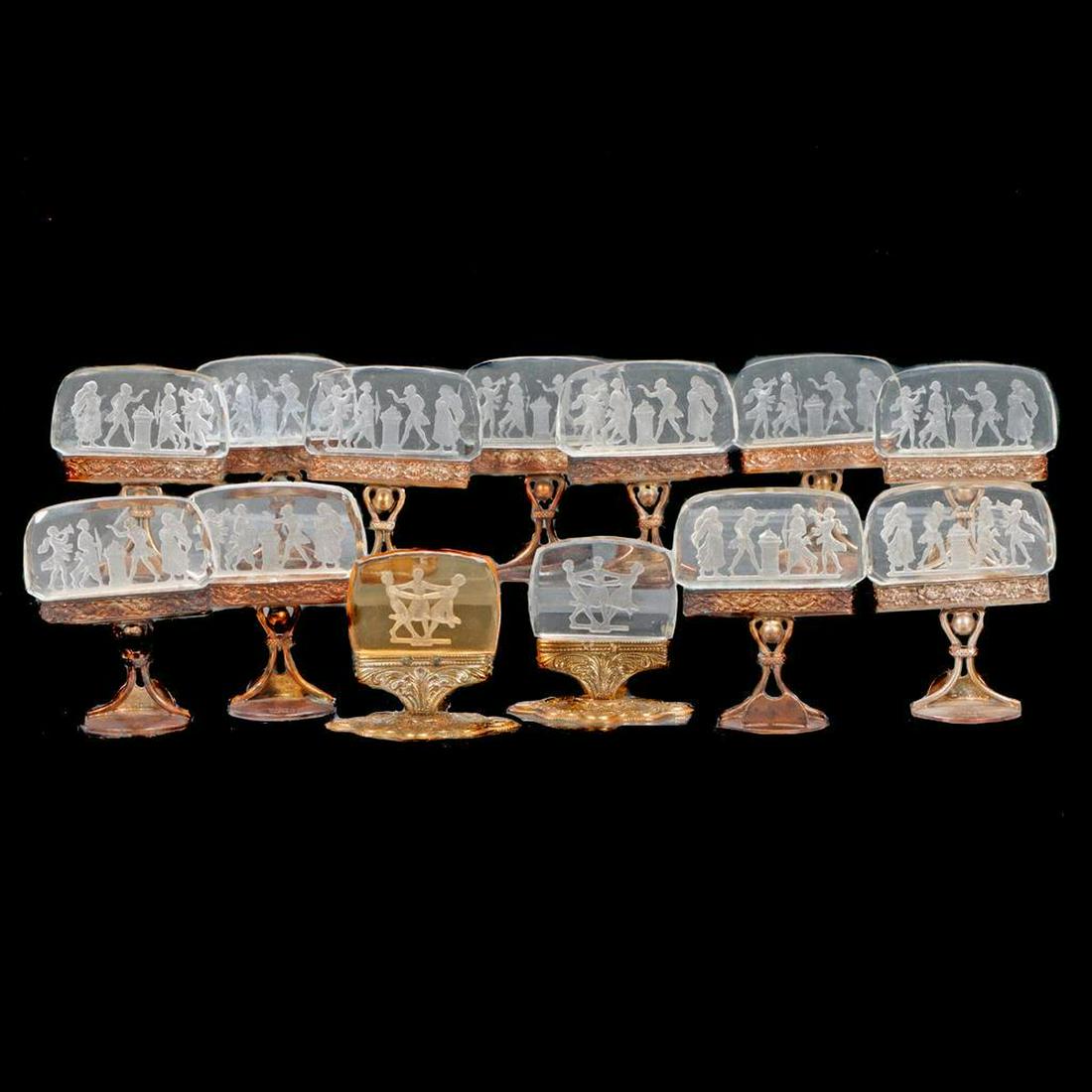 Set of eleven Austrian intaglio glass place card holders, with two similar. (1 of 5)