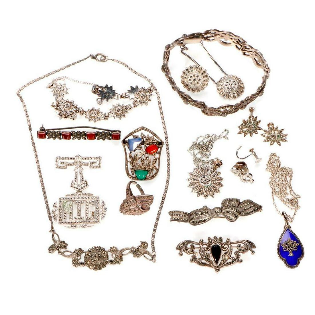 Collection of marcasite and silver jewelry. (1 of 3)