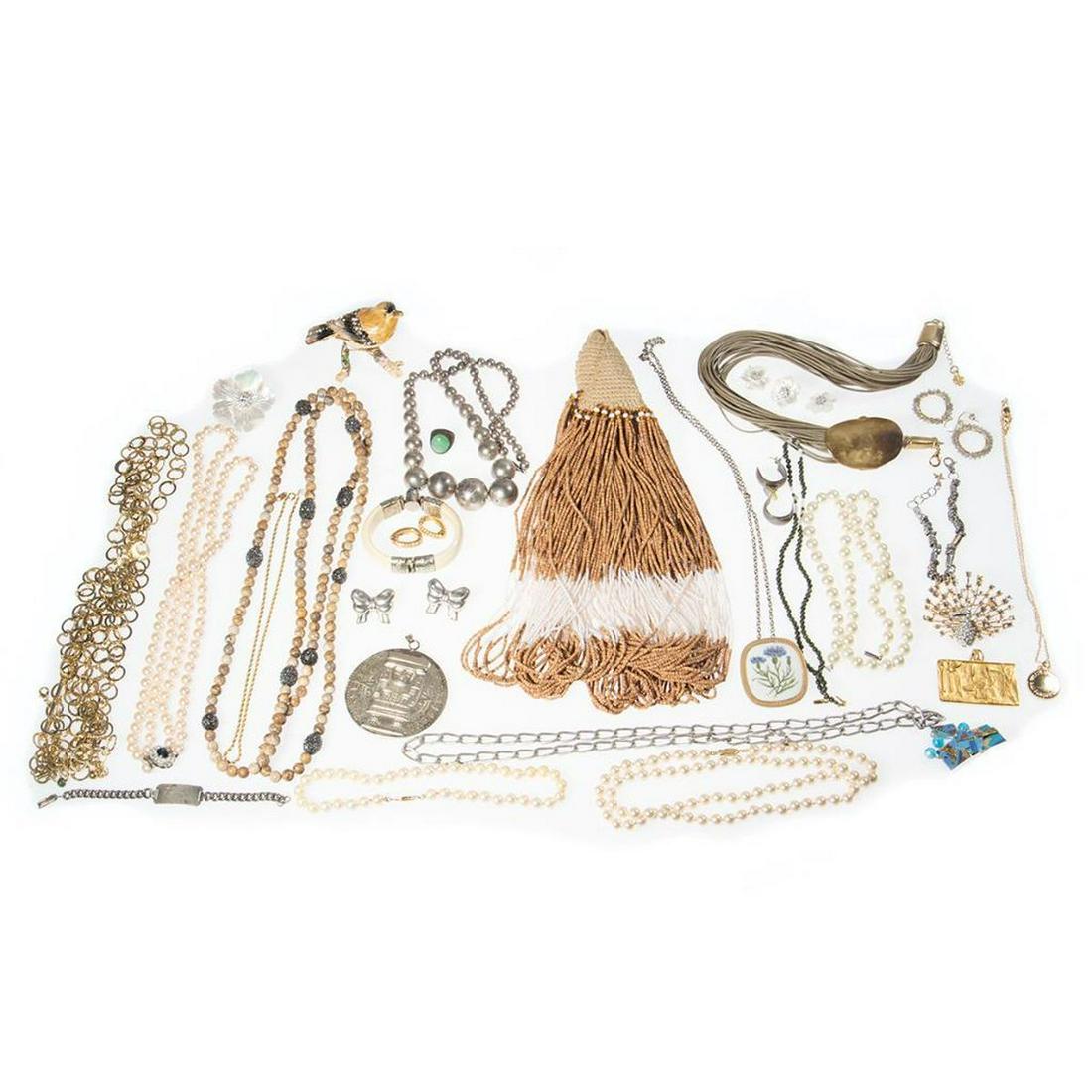 Collections of silver and costume jewelry.: 40+ pieces, including Erwin Pearl, Trifari, Royal Copenhagen, MMA; including mother of pearl, coral, jade, bone, lapis, jasper, marcasite and glass; gross weight of silver approximately 250 grams. Con