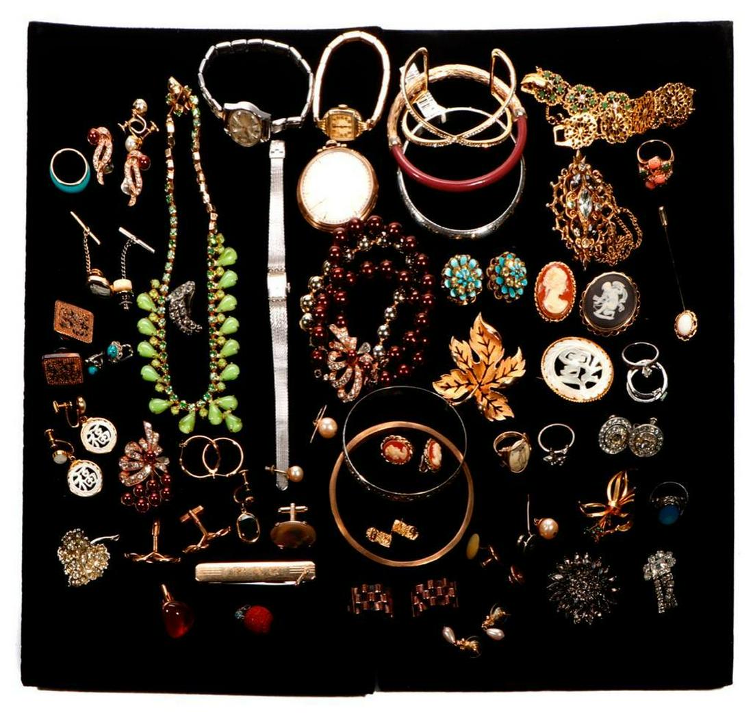 Collection of vintage costume jewelry and watches.: 98 items, including silver, copper, rhinestone, cameo, bone, mother-of-pearl, wood; including a novelty 'match safe' cufflinks with carved matches; makers include Monet, Renoir, Amourelle, Lady Elgin,