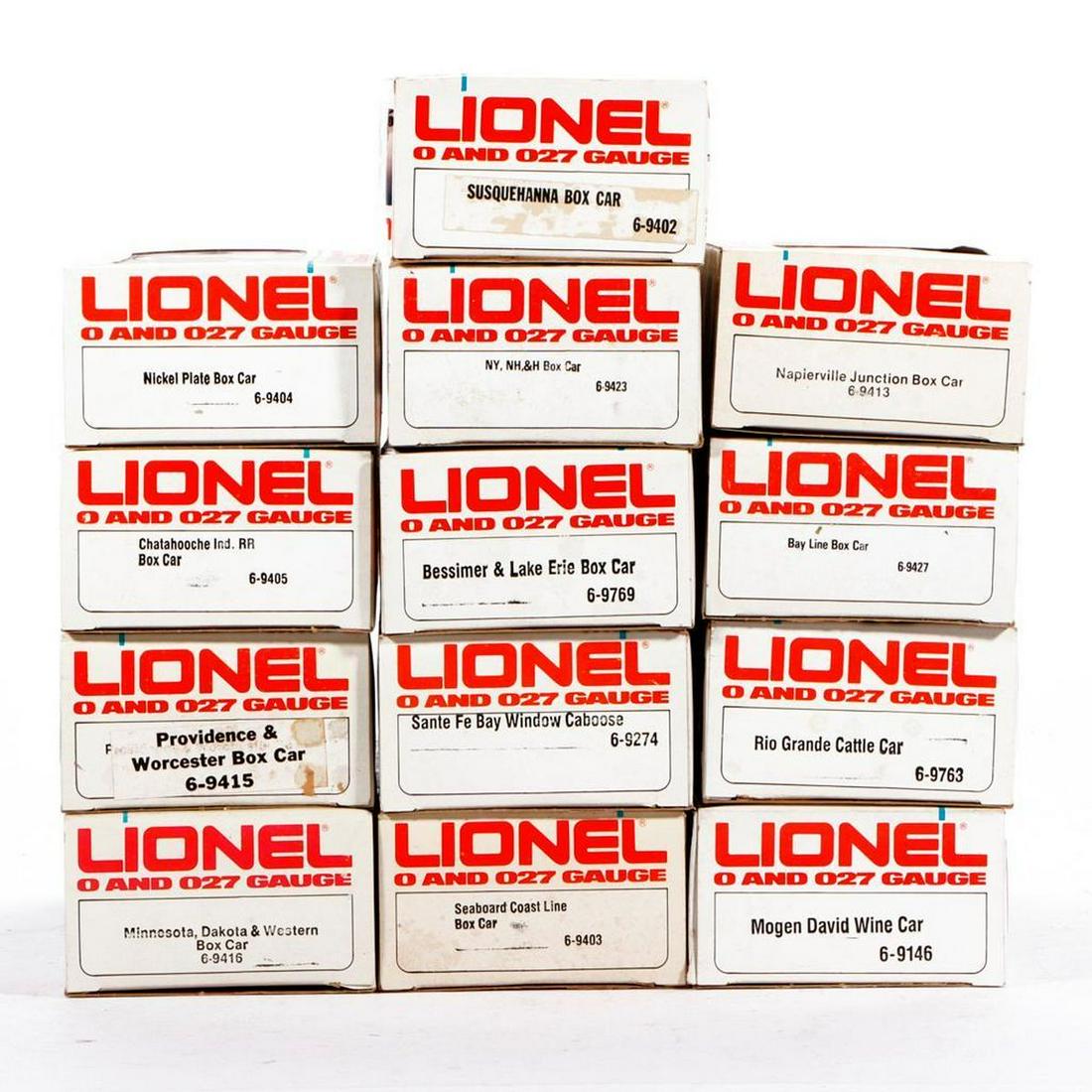 Lionel Modern Era: (13) Feight Cars: Lionel Modern Era (13) Freight Cars: 6-9146 Mogen David Wine Car 6-9274 Santa Fe Bay Window Caboose 6-9402 Susquehana Boxcar 6-9404 Nickel Plate Boxcar 6-9405 Chatahooche Industrial Railroad Boxcar 6-