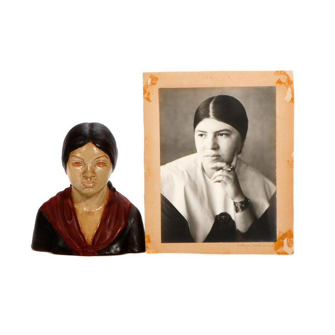 Hazel Zuah Weller (1897-1979).: A ceramic bust of artist Micaela Martinez, daughter of artist Xavier Martinez and Elsie Whitaker Martinez. Together with a photographic portrait from the same period Artist: Hazel Zuah Weller (1897-19