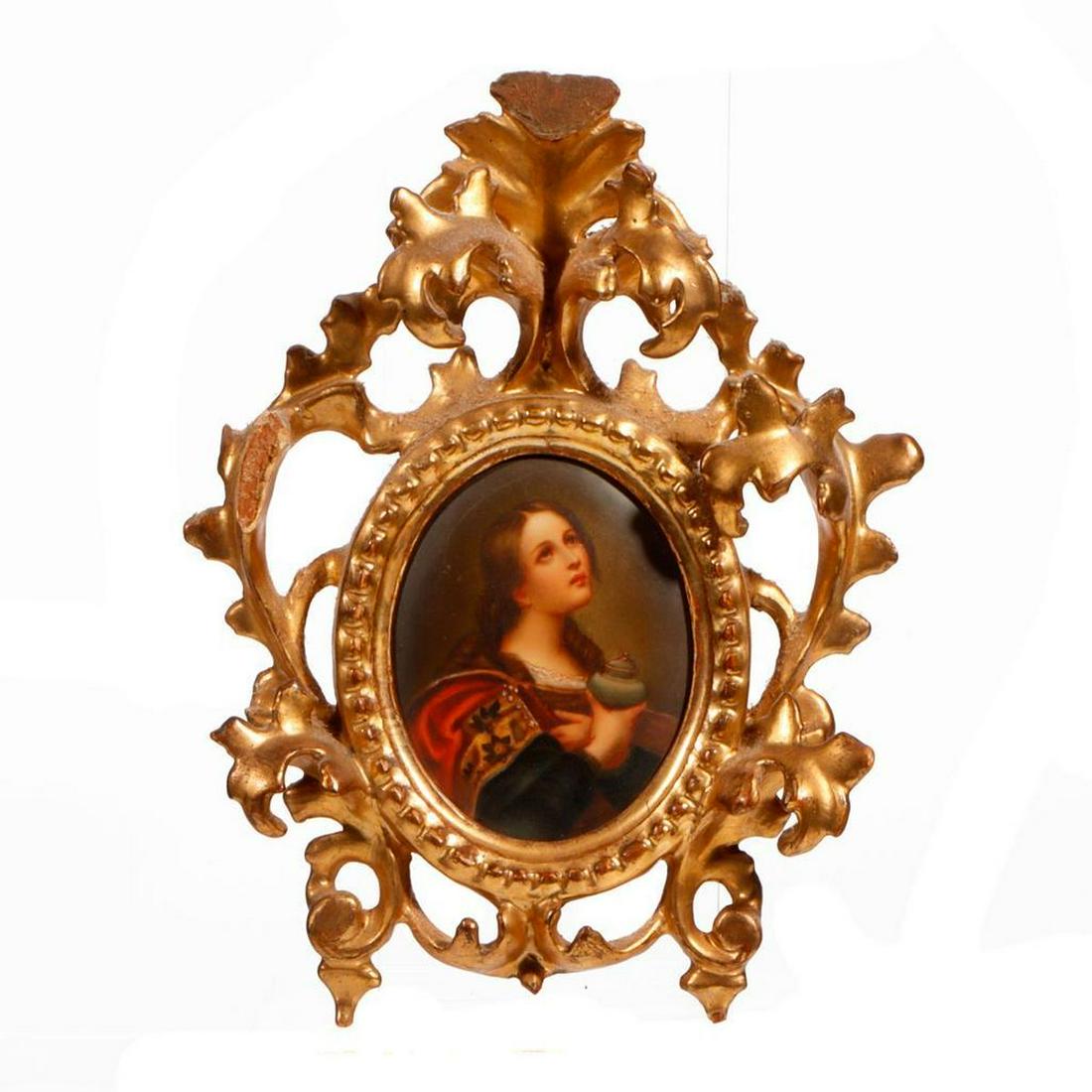 Porcelain Miniature, After Carlo Dolci.: A miniature painted on porcelain, after Carlo Dolci (1616-1686), Mary Magdalen holding a jar of myrrh; c. 19th century. Plaque 3 1/2in x 2 1/2in (oval); frame 8in x 6in. Condition: Plaque overall good