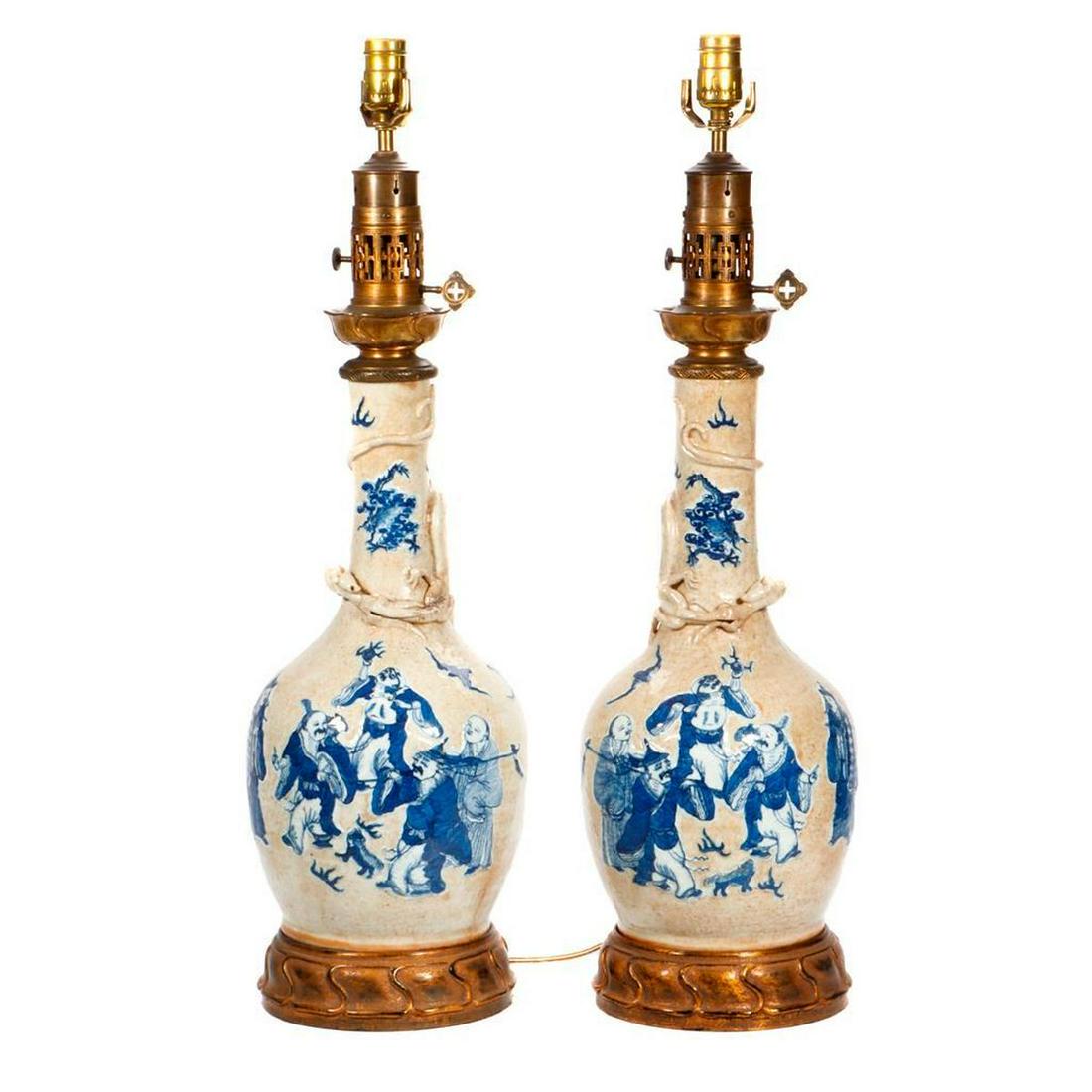 Pair of Chinese Blue & White Vases Mounted as Lamps. (1 of 3)