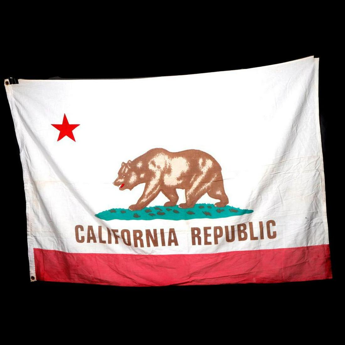 Two California Republic Flags.: Two vintage California Flags with grommets. Both approx. 45in x 67in. Condition: staining/yellowing, fading.