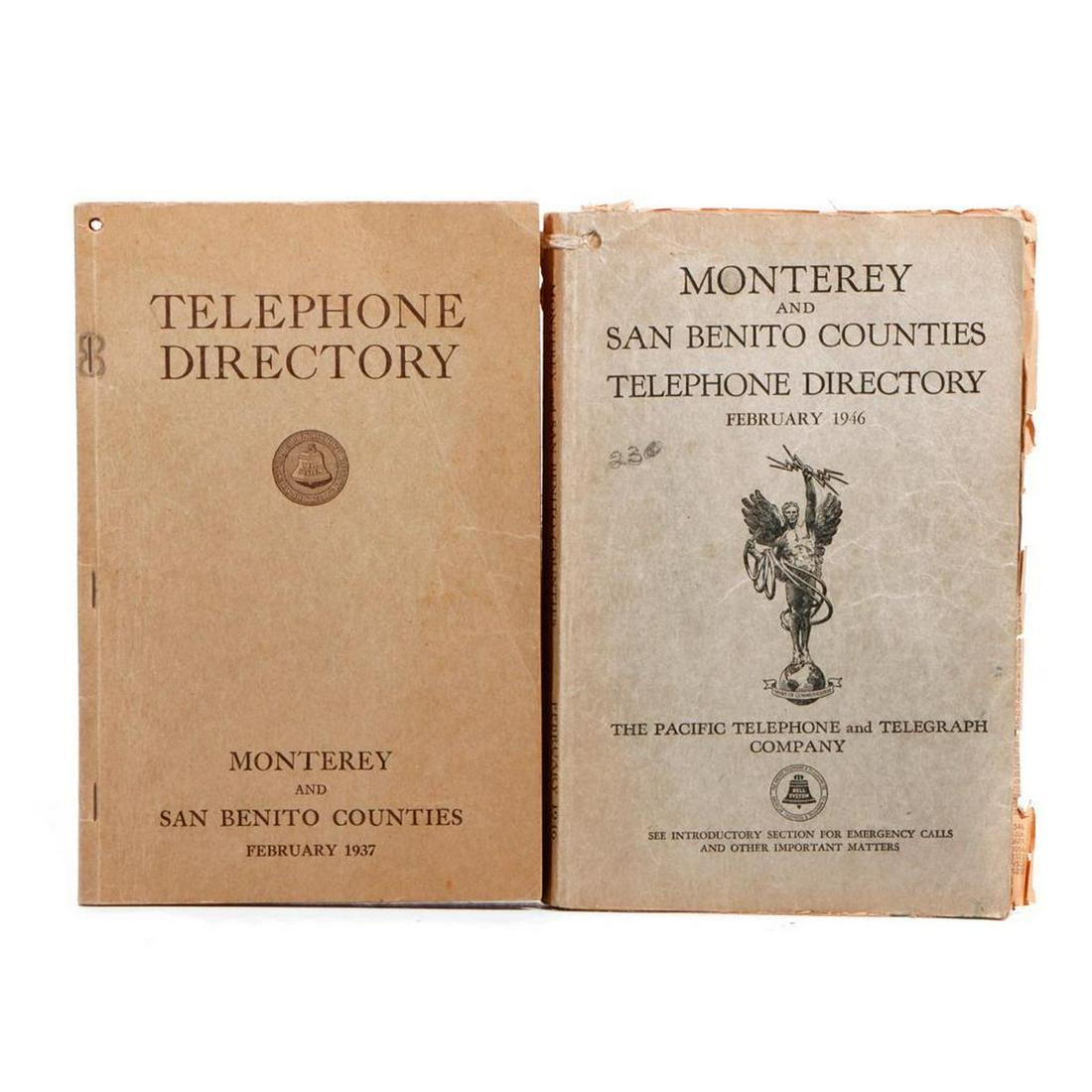 Monterey Phone Directories, 1937, 1946.: 1.) MONTEREY AND SAN BENITO COUNTIES TELEPHONE DIRECTORY, FEBRUARY 1937. Pacific Telephone and Telegraph Company. 8vo. Paper wraps. Condition Good; some creasing/toning. 2.) MONTEREY AND SAN BENITO CO