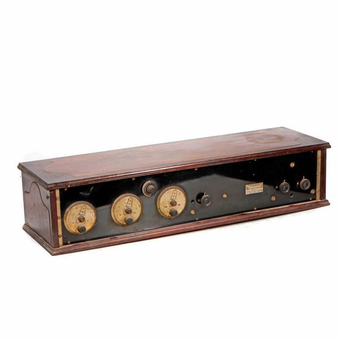 Gilco Type R.F. Long Range Receiver built by The Radio Shop Pacific Grove, CA.: Antique Radio Cabinet. Label says "GILCO / Type R. F. / LONG RANGE RECEIVER / BUILT BY / THE RADIO SHOP / PACIFIC GROVE, CALIF. 5 tube type (tubes missing). Wood enclosure has wear and water stains on