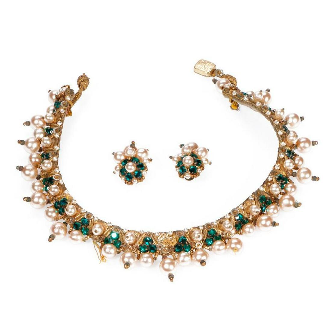 Leni Kuborn-Grothe collar necklace and clip-earring set: Circa 1940's, designed of cloth, faux pearl, sequins and rhinestones; lengths: 14 and 1 1/4in. (several pearls loose/missing) Austrian Leni Kuborn-Grothe of Kitzbuhel was well known as a designed for 