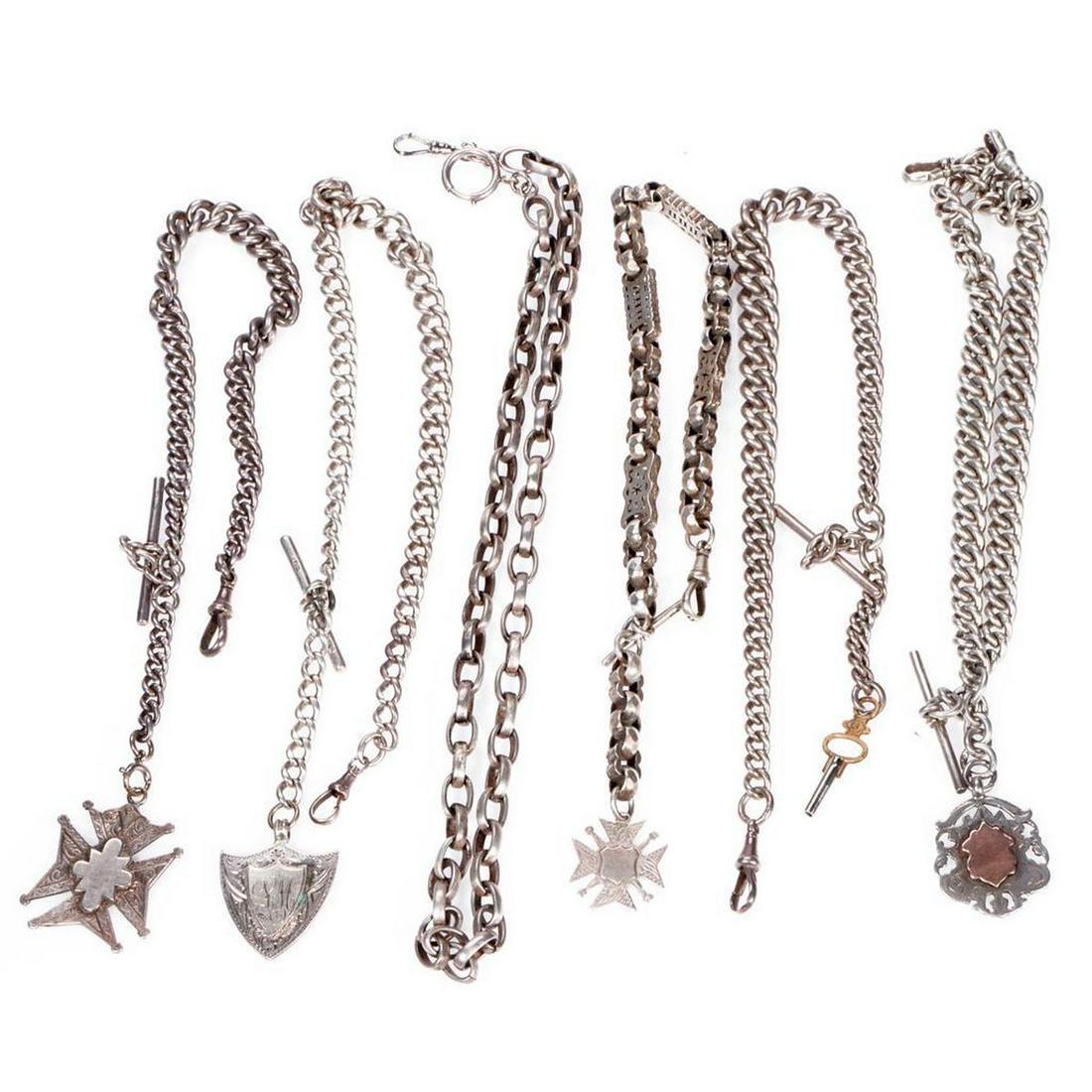 Group of six silver watch fob chains with fobs: most with English hallmarks; gross weight approximately 376.4 grams