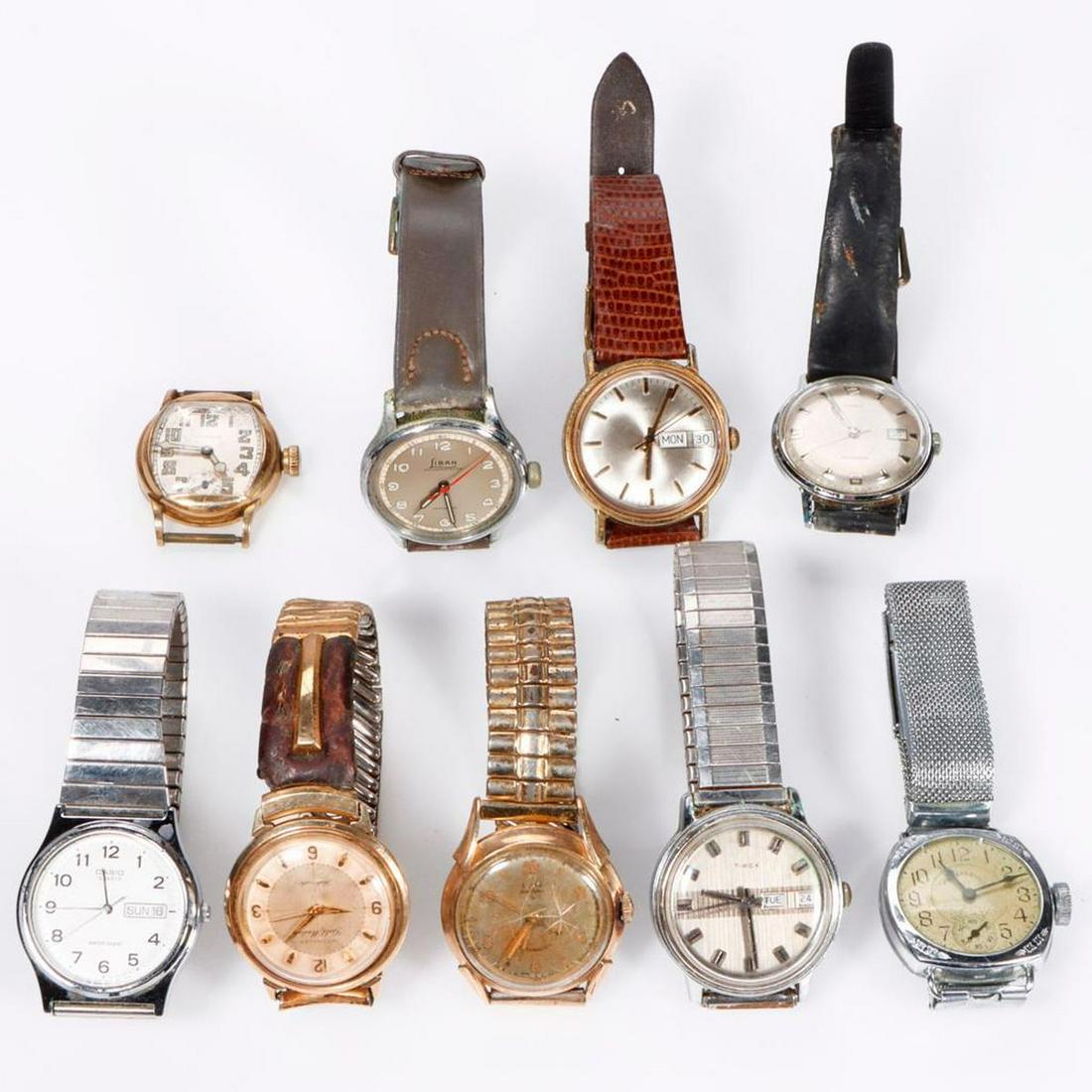Group of 9 gold-filled and metal wristwatches: including Illinois, Elgin Deluxe Shockmaster, Timex, Casio, Ingersoll, Wittnauer Gold Medal and Liban (conditions range form fair to poor)