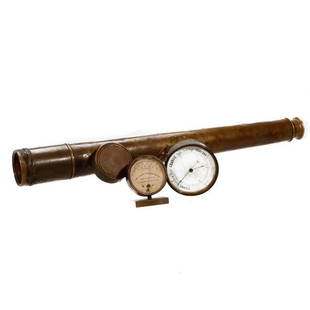 English Brass Telescope, with Barometer etc.: Telescope marked: "Kelvin & James White Ltd. & Hutton / 11 Billiter Street / London.". Extends to 32 3/4in. Condition: dents, scratching, patina. Together with: an Aneroid Barometer, no maker's mark,