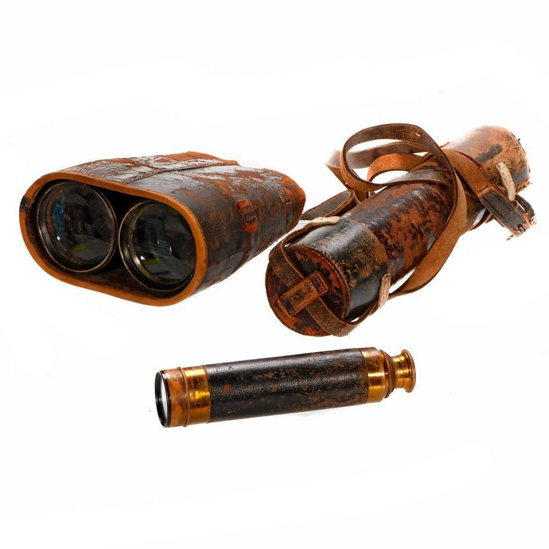 Bardou & Son Telescope and Binoculars.: The telescope engraved "G [device] B / Trademark" and "Bardou & Son Paris / Rifle Range Telescope / Power 33 Times." With original leather strap case. Condition: Good; patina; leather strap/casing wel