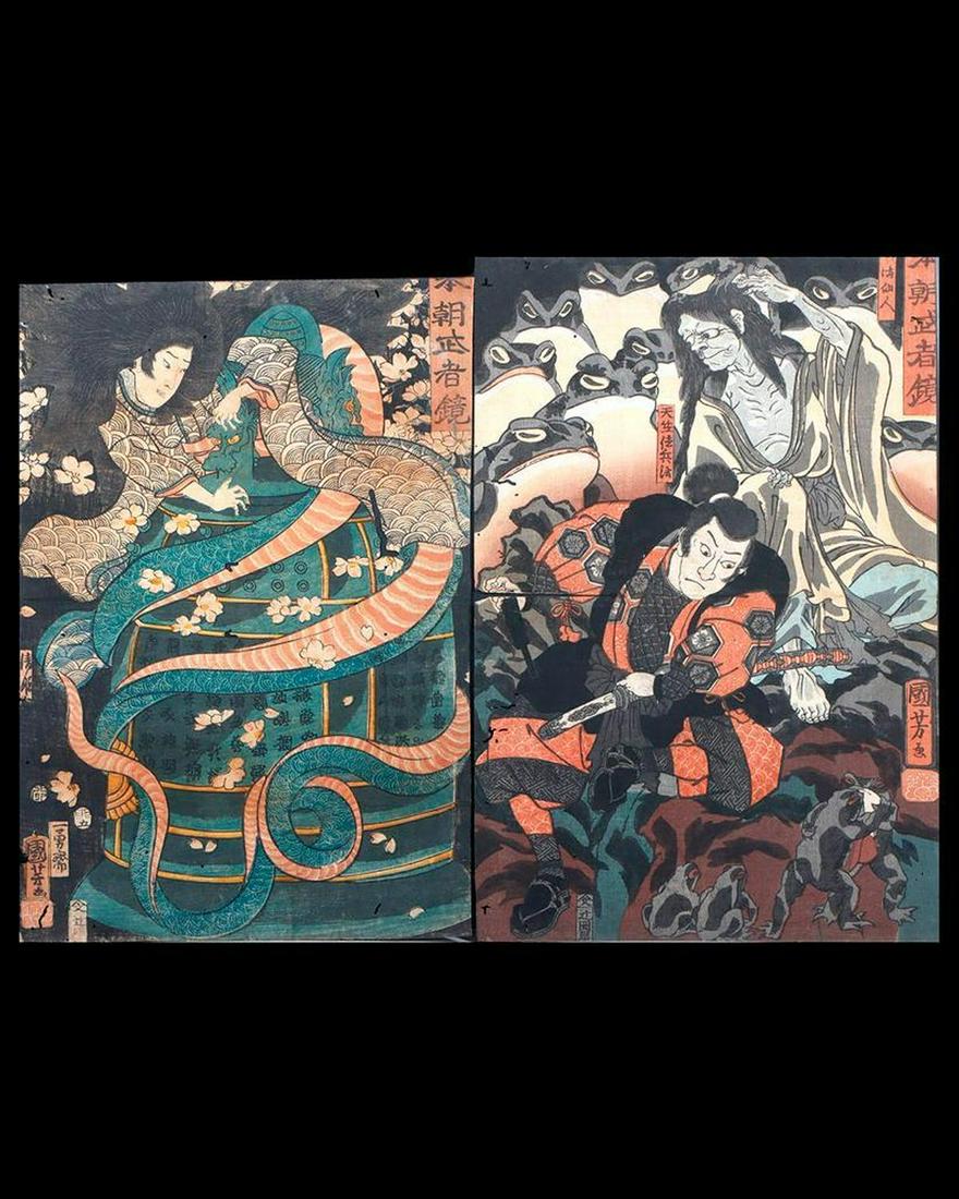 Kuniyoshi UTAGAWA (1797/98-1861): Artist : Kuniyoshi UTAGAWA (1797/98-1861). Series : Mirror of Warriors of Our Country. (two works) Date : (c.1855). Medium: Woodblock (two works). Dimensions : 14 1/2 x 9 3/4 in. Condition : Faded, tr