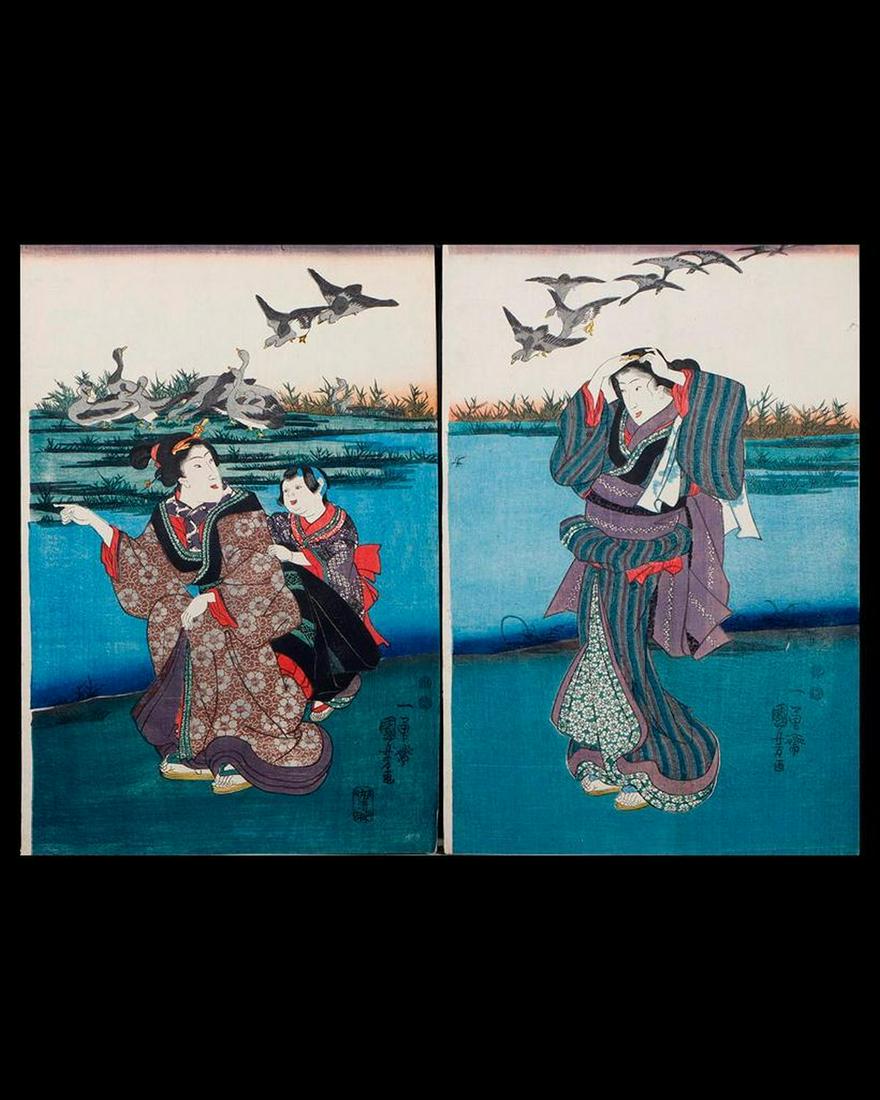 Kuniyoshi UTAGAWA (1797/98-1861): Artist : Kuniyoshi UTAGAWA (1797/98-1861) Series : Unknown. Date : (c.1815 - 42) Medium: Woodblock (diptych) Dimensions : 143/4 x 10 in. Condition : Overall good, trimmed.