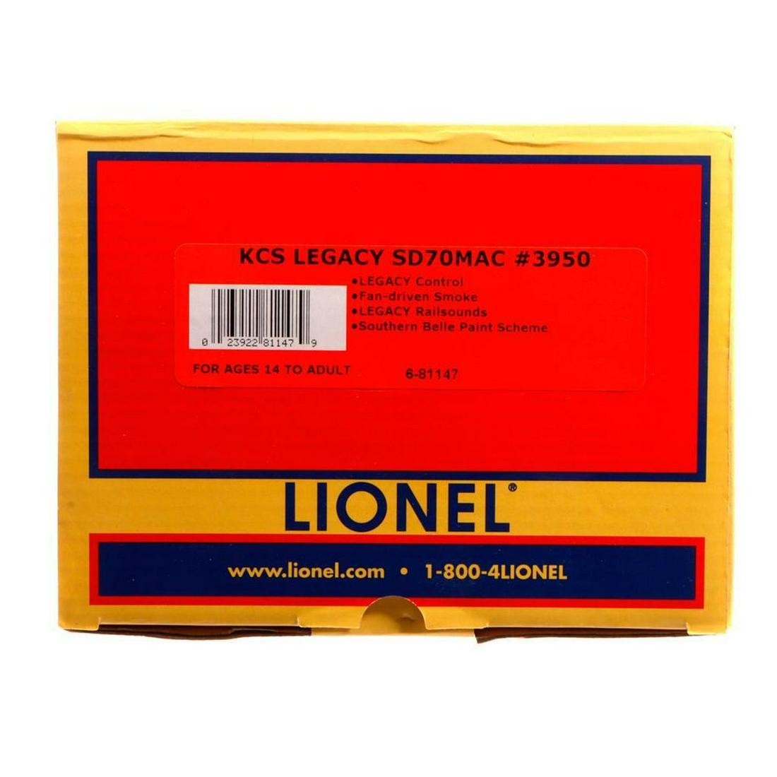 Lionel O Gauge 6-81147 Kansas City Southern SD70MAC Diesel Loco: Lionel O Gauge Diesel Locomotive 6-81147 Kansas City Southern Legacy SD70MAC Road Number 3950. Fan-Driven Smoke, Legacy Railsounds, Southern Belle Paint Scheme. In original packaging with shipping car