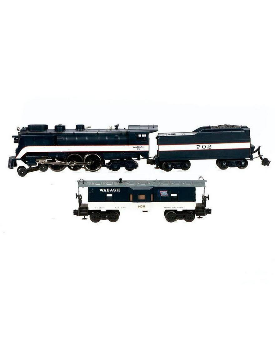 MTH 30-1147-1 O Ga Wabash Streamline 4-6-4 Hudson&Bay Wndw Caboose: MTH 30-1147-1 O Gauge Wabash Streamlined 4-6-4 #702 Hudson Steam Locomotive and Tender. Dusty with some scuffing on the streamline panels. Wabash Bay Window Caboose. Road Number 1436. Roof walk ends,