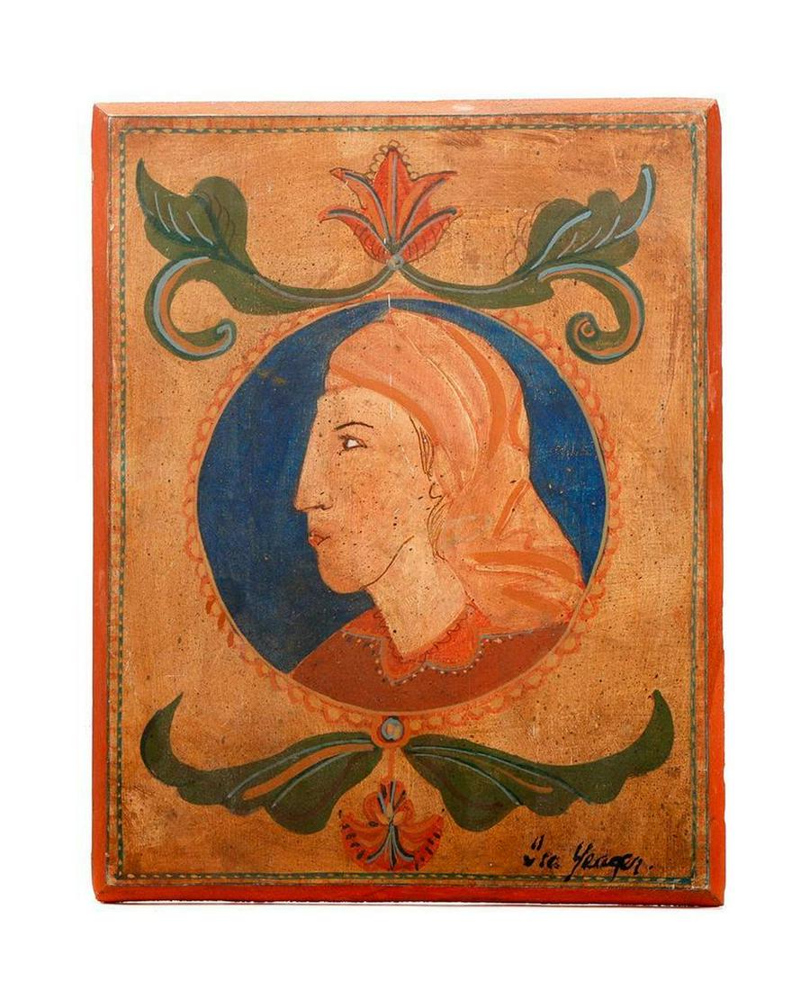 Ira Yeager (1938-2022): Artist: Ira Yeager (1938-2022). Title/Description: Rustic woman in profile, within decorative border. Signature: Signed "Ira Yeager" lower right. Date Created: c. 20th/21st century. Medium/Ground: Oil