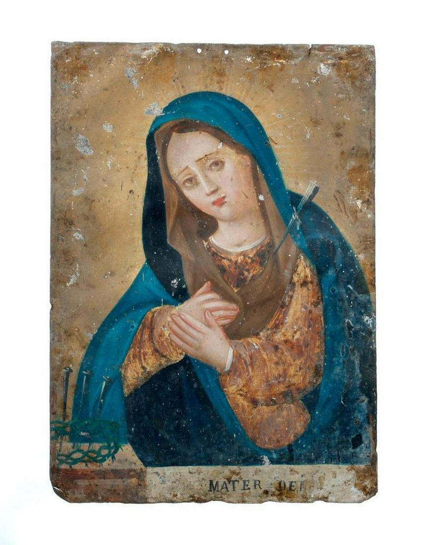Mexican Retablo of Mary.: The painting on tin panel representing "Our Lady of Sorrow." 10in x 7in. Condition: scratches/losses to paint; possibly some repairs/over painting; warping to panel.