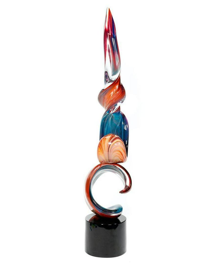 Dino Rosin (born 1948): Artist: Dino Rosin (born 1948). Title/Description: Swirling spire sculpture. Signature: Signed on glass base. Date Created: 20th Century. Medium/Ground: Chalcedony Murano glass. Size: 39 1/2in tall x