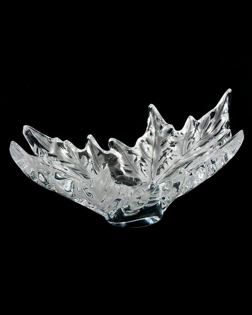 Lalique "Champs-Elysees" Crystal Bowl.: The leaf-form engraved crystal bowl is inspired by the tree-lined Champs-Elysees; engraved on base "Lalique Paris". 18in x 10in x 7 1/2in. Good condition.